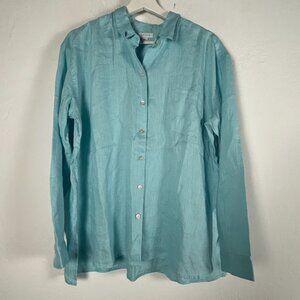 J. Jill Love Linen Womens Button-Up Shirt Medium Blue Long Sleeve Lightweight